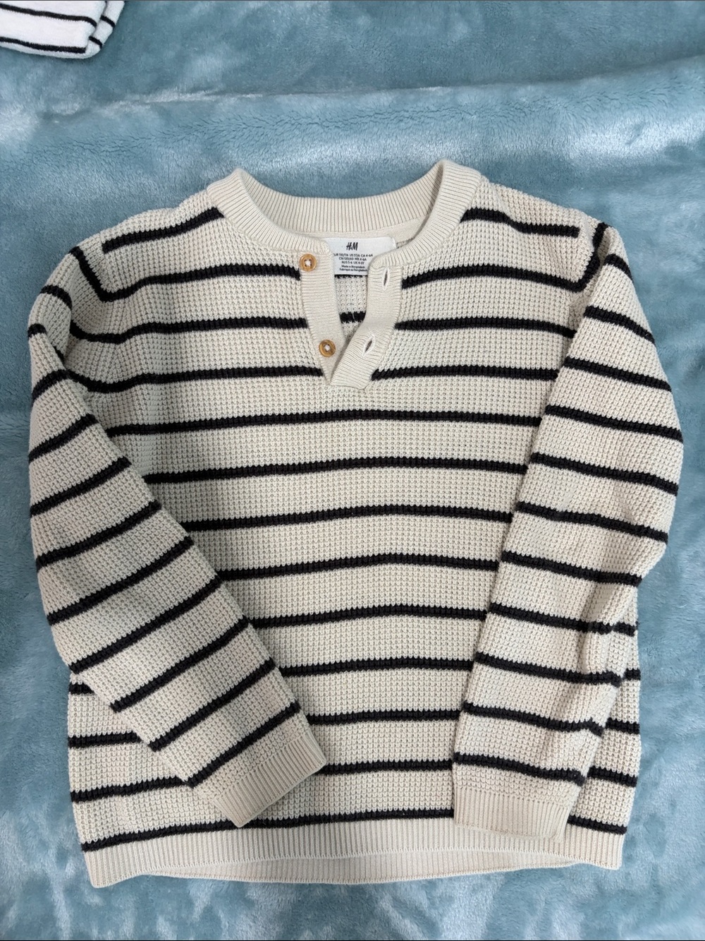 H&M Men’s Cream Sweater with Black Stripes - Henley Crewneck